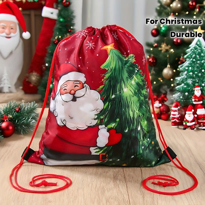 1pc Santa Claus Christmas Tree Drawstring Bag - Red & Green Holiday Gift Packaging with Santa, Snowflakes & Pine Trees, Durable Polyester Gym Bag for Christmas, New Year, Festive Design, Seasonal Decorations, Festive Occasion