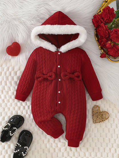 Baby Girl'S Cute Thickened Knit Romper with Hood and Bow Accent, Perfect for Outdoor Christmas and Autumn/Winter Wear, P101924, Perfect for Outdoor Christmas And Autumn/Winter