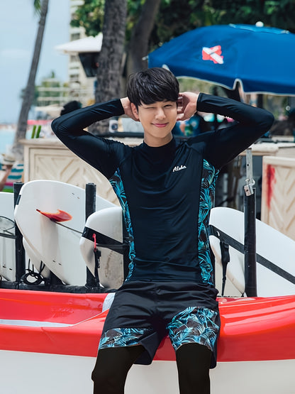 Men's Tropical Print Long Sleeve Swimwear Set with Pants