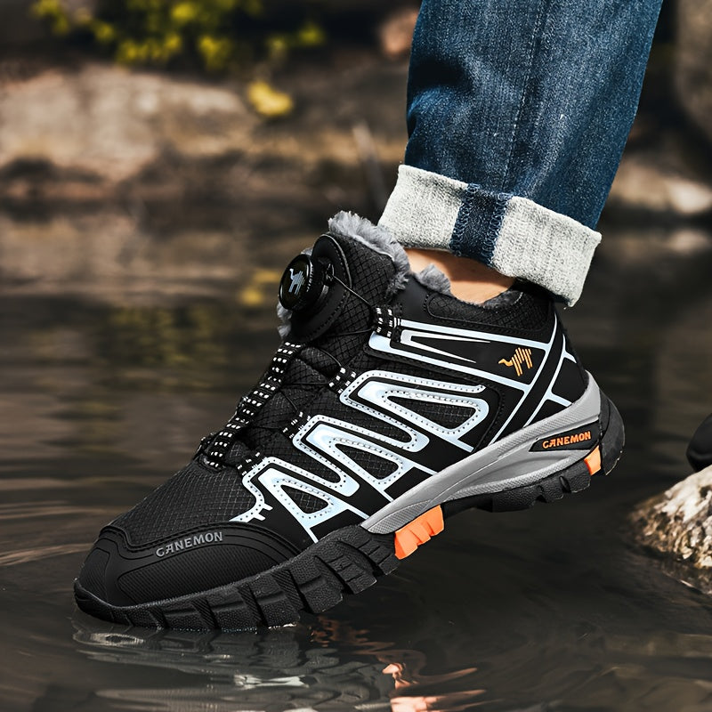 CANEMON Men'S Winter Sports Sneakers - Comfortable, Non-Slip, Durable, Thickened Mid-Top Lace-Up Shoes with Striped & Checkered Patterns, Warm Fabric Upper & TPR Sole for Hiking, Outdoor Activities, and Snowy Terrain, Winter