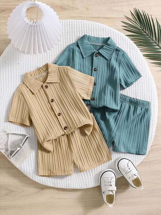 Boys' Summer Shorts Set with Short-Sleeve Shirts & Khaki Cardigan - ayq