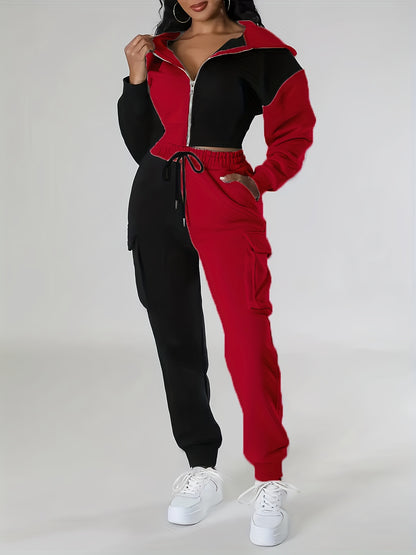 Women's Color-Block Hooded Casual Set for Fall Winter