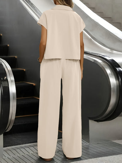 Women's Casual Solid Color Shirt and Pants 2pcs Set, Spring Summer 2pcs Set: Solid Color Button-Up Short Sleeve Top and Pocket Pants, Women's Casual Elegant Spring Summer 2pcs Outfit, Women's Outing and Date Wear, Spring Summ