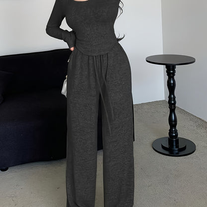 A Stylish Gray Long-Sleeve Top Paired with Loose Drawstring Wide-Leg Pants, a Two-Piece Set
