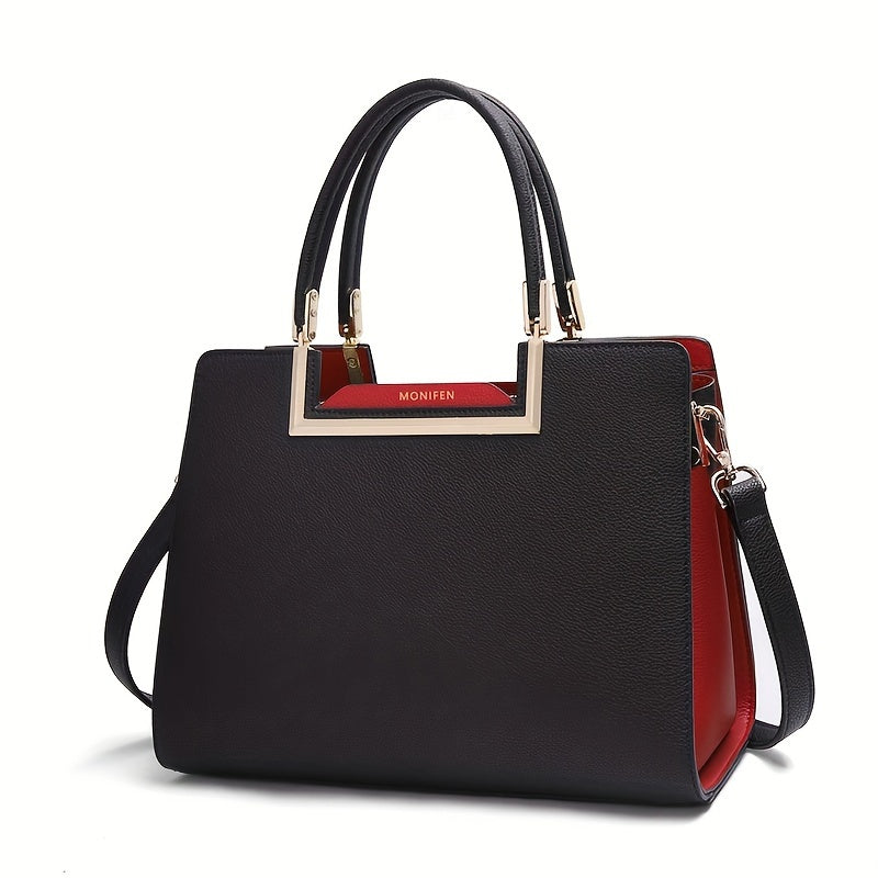 Elegant Black Split Leather Satchel Bag with Removable Strap