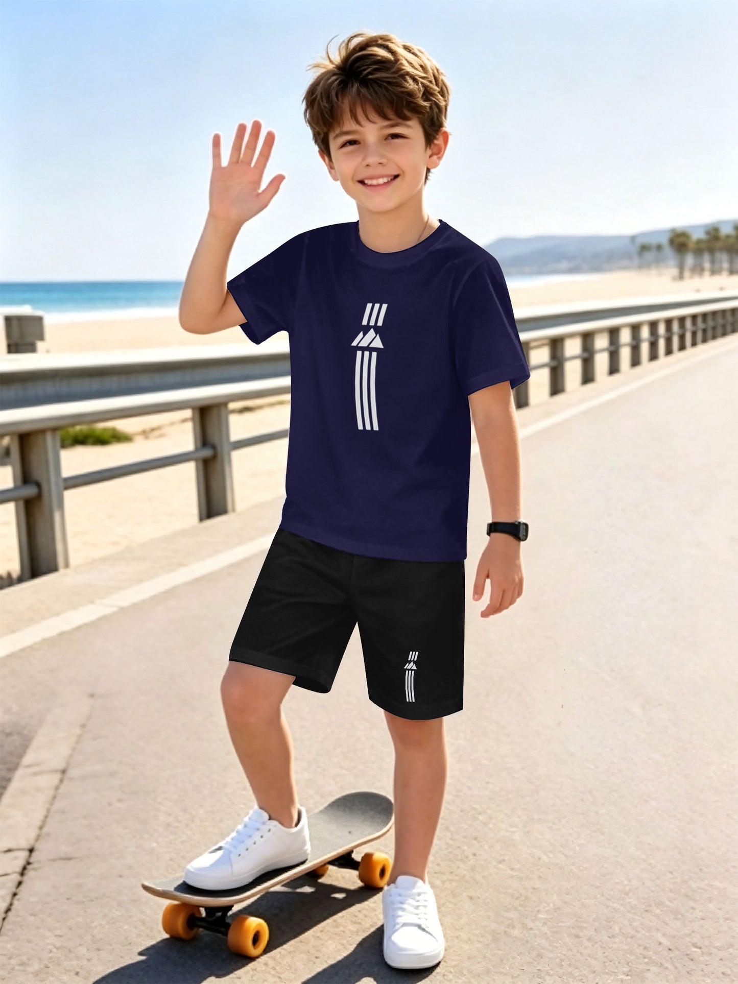 Boys' Casual Short Sleeve & Shorts Set with Geometric Print