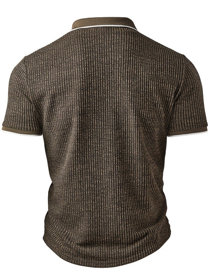 Men's Fashion Shirt, Spring/Summer Outdoor Casual Textured Ribbed Fabric, Contrast Color Ribbed Patchwork Zipper Design Collar Short Sleeve Men's Shirt - ayq