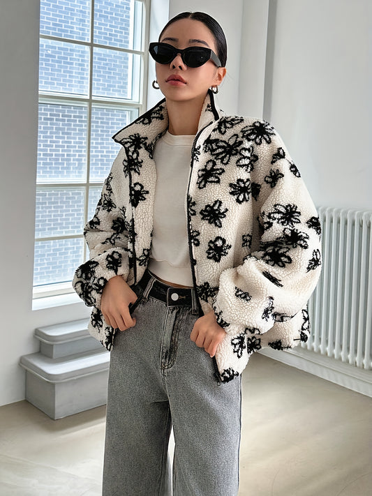 Women'S Cozy Fleece-Lined Floral Print Jacket - Casual Long Sleeve Zip-Up with Black & White Flower Design, Soft Warm Outerwear for Fall/Winter, Cozy Fall Wear | Floral Print Jacket | Zippered Jacket