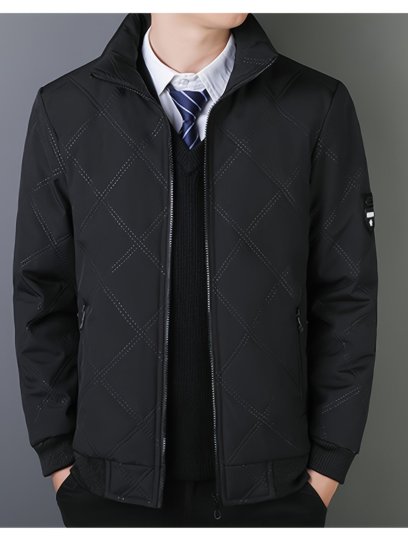 Men's Quilted Fleece Jacket with Stand Collar & Full-Zip Closure - Thick Winter Coat, Black/Brown & Warm Lining, Casual Outdoor Winter Wear for Skiing,, Cold Weather (Hand Wash/Dry Clean)