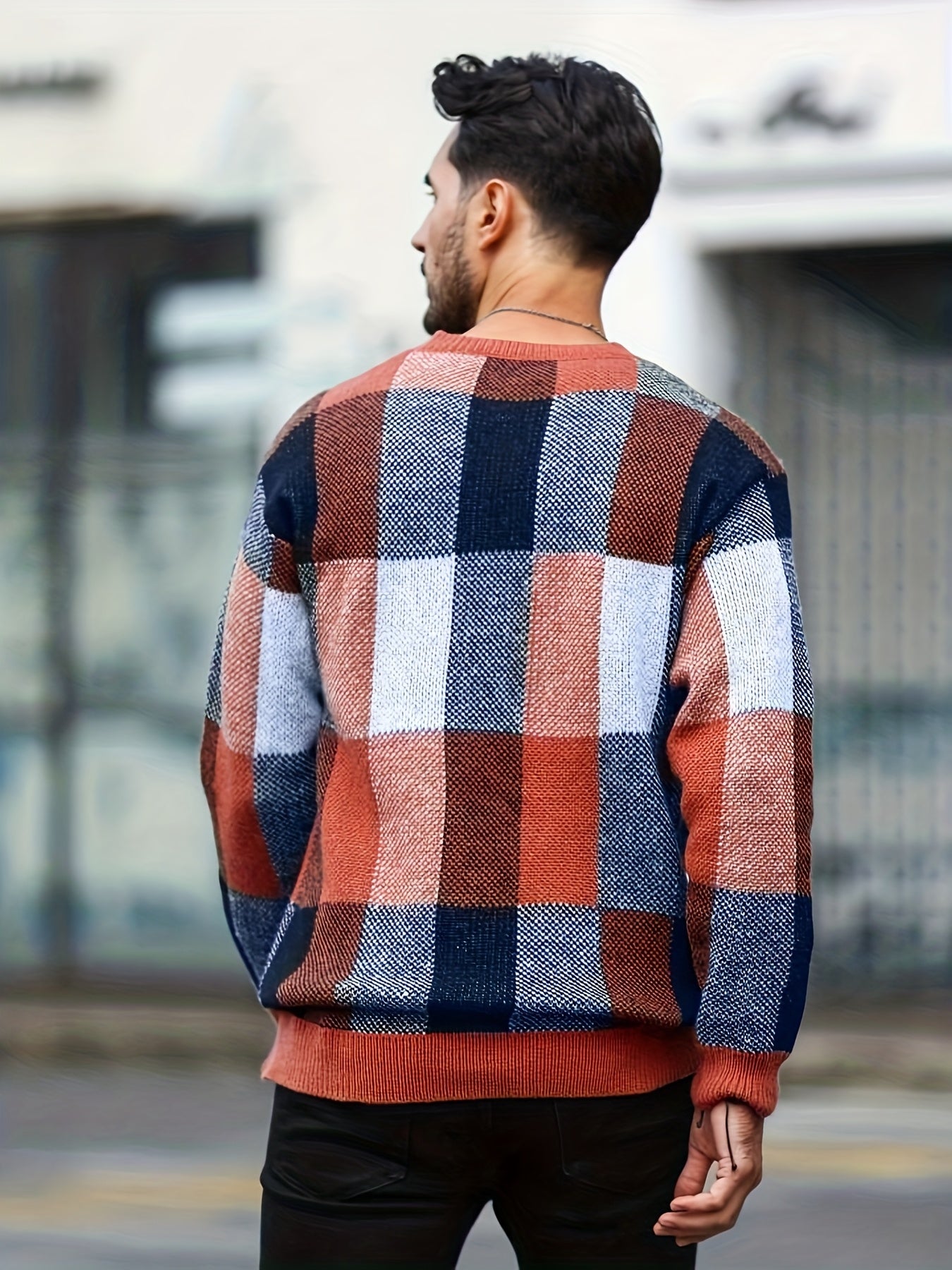 Men'S Casual Plaid Crew Neck Knit Sweater | Loose Fit, Long Sleeve, Fashionable Color Block Design, Suitable for Fall/Winter