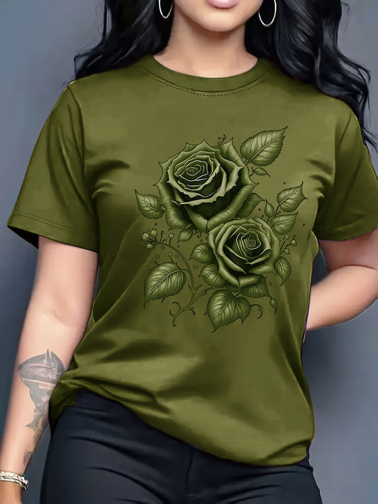Women's Light Blue Yellow Rose Print T-Shirt - Short Sleeve Crew Neck Casual Top with Medium Stretch, Machine Washable & Breathable Fabric for All-Season Comfort, Relaxed Style, Graphic Tee, Stretchy Material, Printed Shirt,