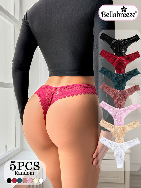 5-Pack Women’s Low-Waist Lace Thongs with Soft Breathable Fabric - ayq