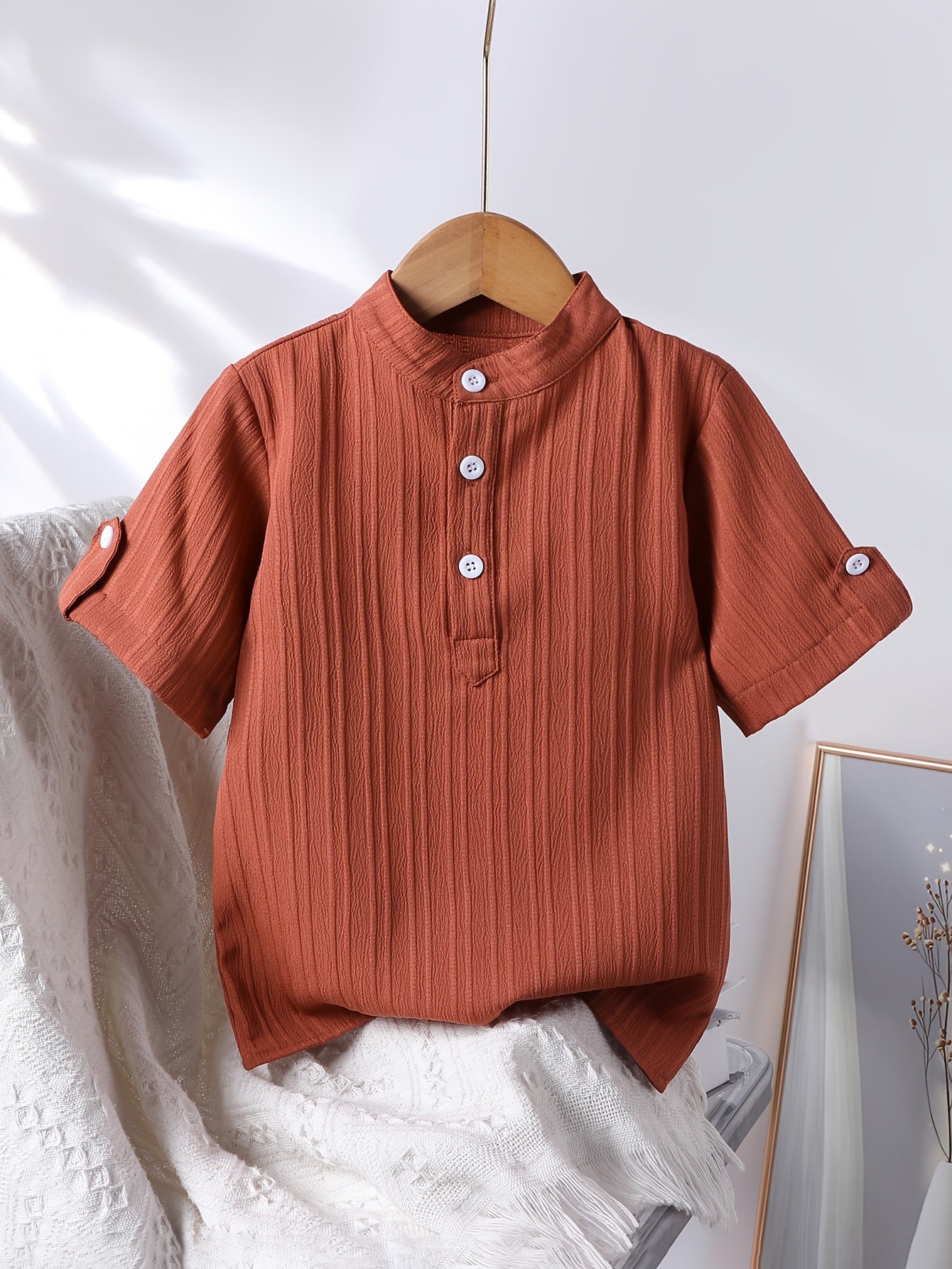 Boys' Casual Stand Collar Short Sleeve Shirt for Spring-Fall