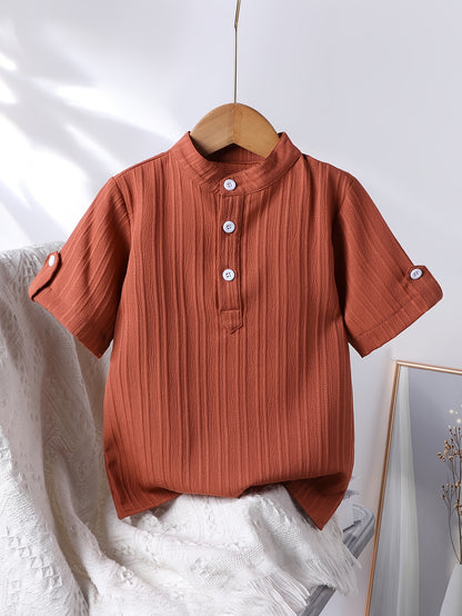Boys' Casual Stand Collar Short Sleeve Shirt for Spring-Fall