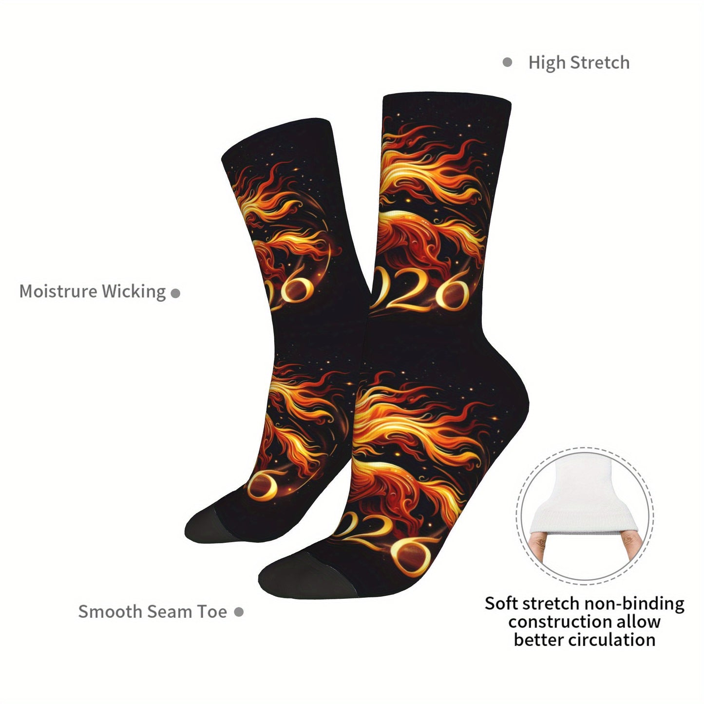 1pc Designed Socks sporty styles 2026 Year of the Horse Creative mid-calf socks geometric designs 3D digital print socks, cute socks for teens and adults ideal for daily wear, perfect for gift giving!