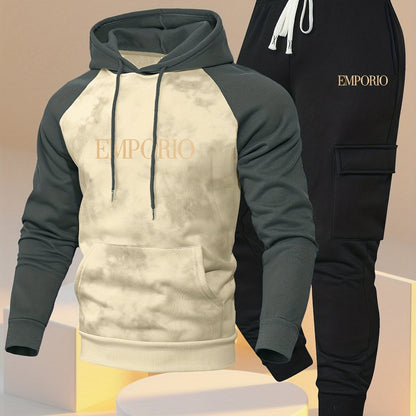 New Trendy Fashion Raglan Sleeve Colorblock Hoodie and Loose Cuffed Drawstring Cargo Pants with Multiple Pockets, Casual Daily Comfortable Versatile Breathable Hooded Sweatshirt and Loose Long Pants 2pcs Set with Stylish Prin