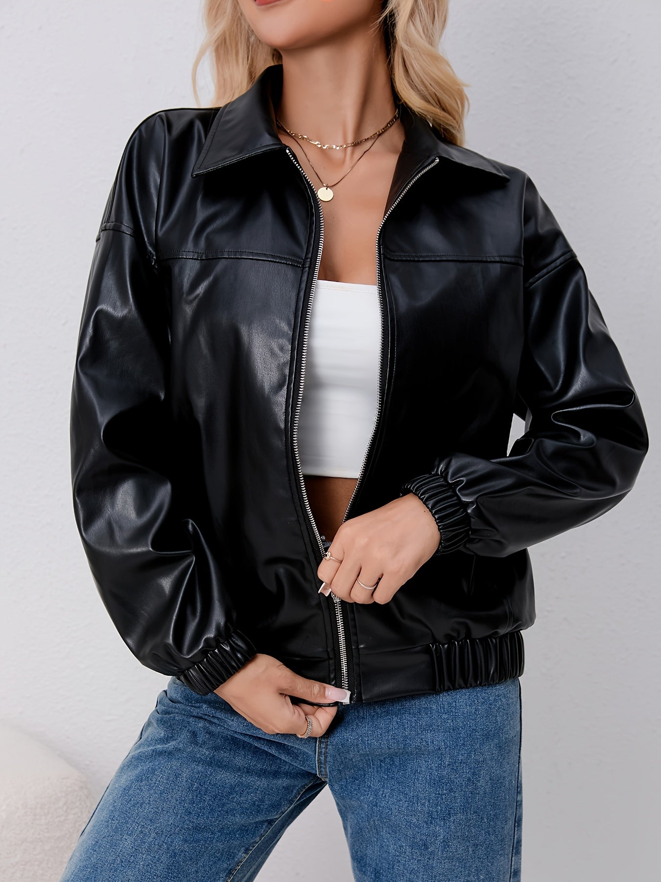 Women's Soft Stretch Polyester Casual Jacket - Relaxed Fit Long Sleeve Zipper Front with Pockets, Machine Washable Spring/Fall Outerwear for Casual Attire