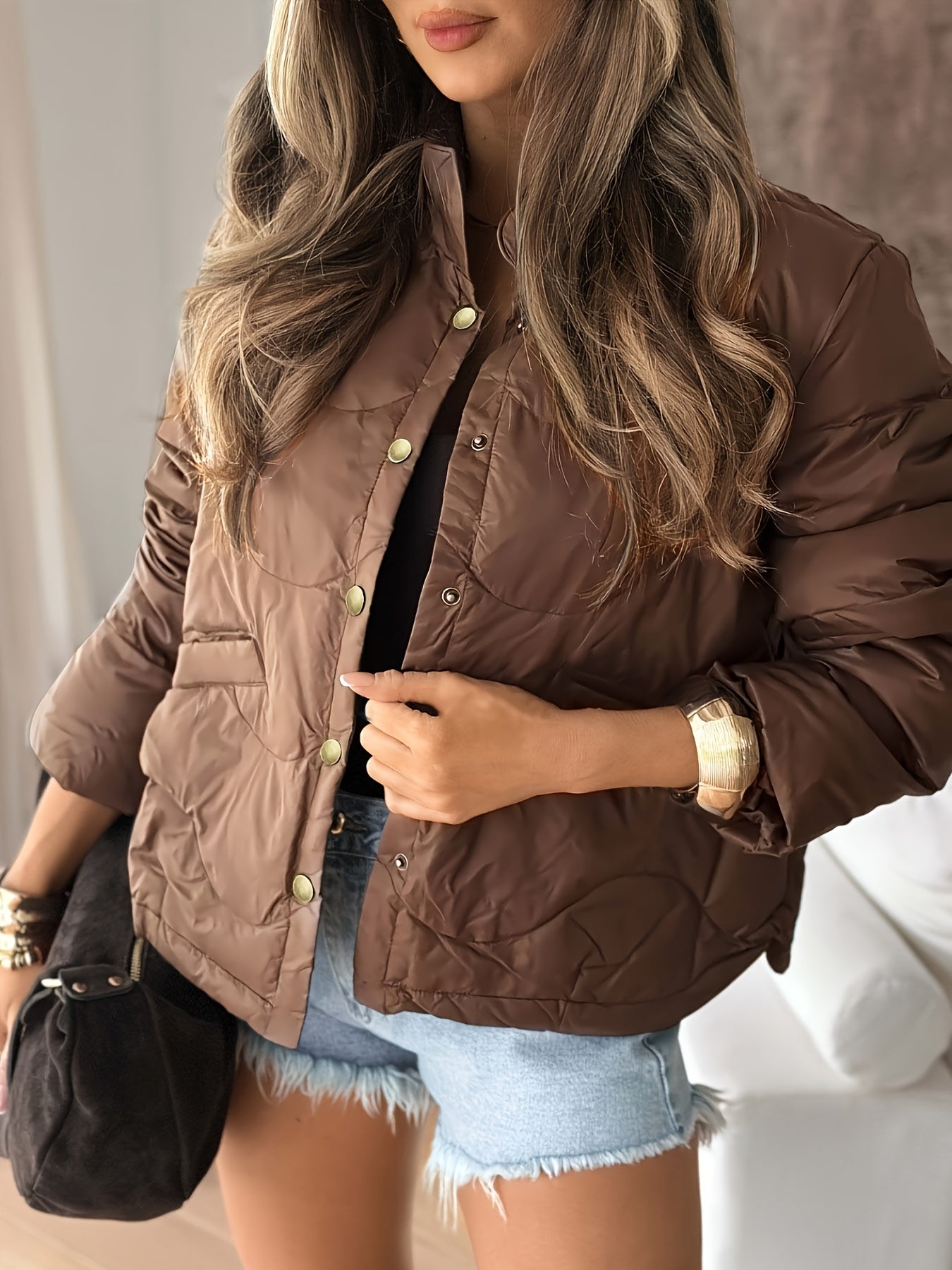 's Elegant Short Winter Jacket - Brown Full-Zip Coat with Golden-Tone Button Closure, Machine Washable Outerwear for Fall & Winter, Casual to Formal Wear (White/Pink/Black/Navy/ Brown) - Jacket Only