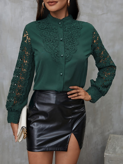 Solid Contrast Lace Blouse, Elegant Mandarin Collar Long Sleeve Blouse, Women's Clothing
