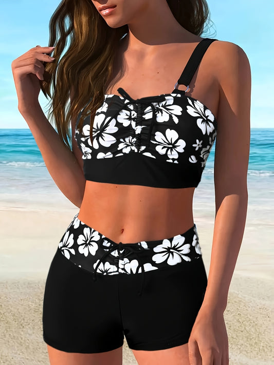 Women's Black & White Cherry Blossom Two-Piece Swimsuit with Adjustabl