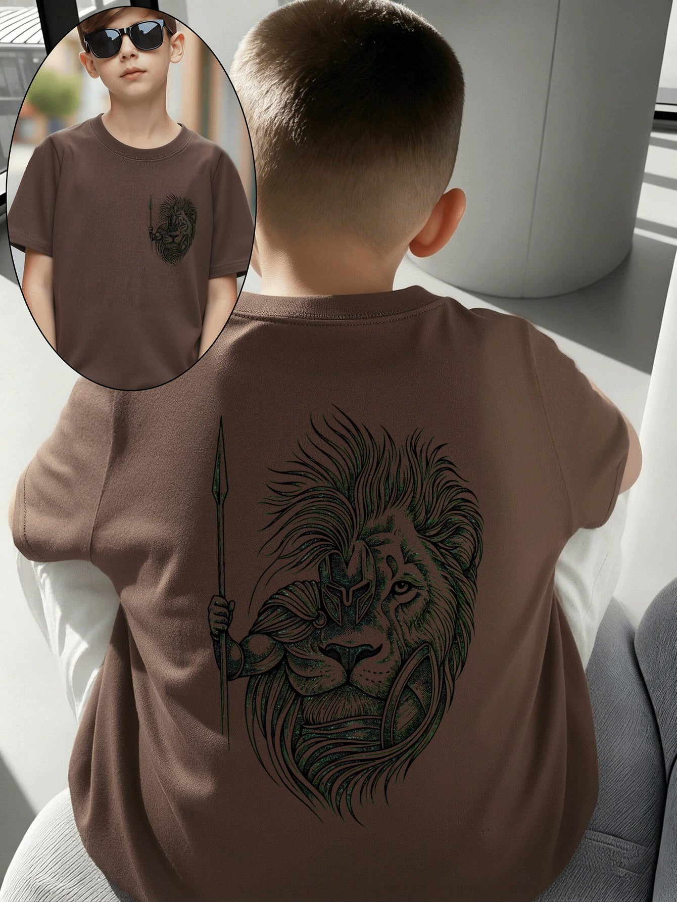 Boys' Cotton T-Shirt with Lion Warrior Print - Casual Summer Top