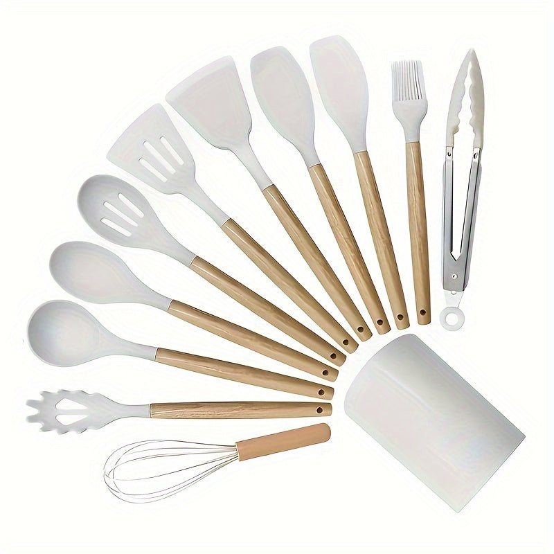 12pcs, wooden handle silicone kitchenware 12 sets, high temperature silicone spatula, spoon, cream spatula, slotted spoon, spaghetti grab, thick spoon, non-stick cooking spoon set, kitchen cooking tools, silicone kitchen uten