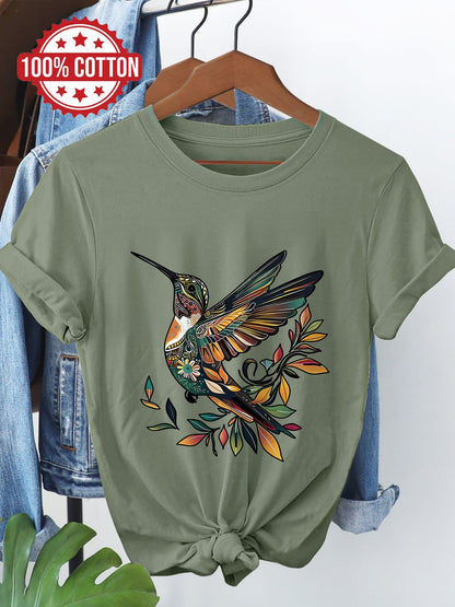 Women's Casual Cotton T-Shirt with Hummingbird Leaf Print