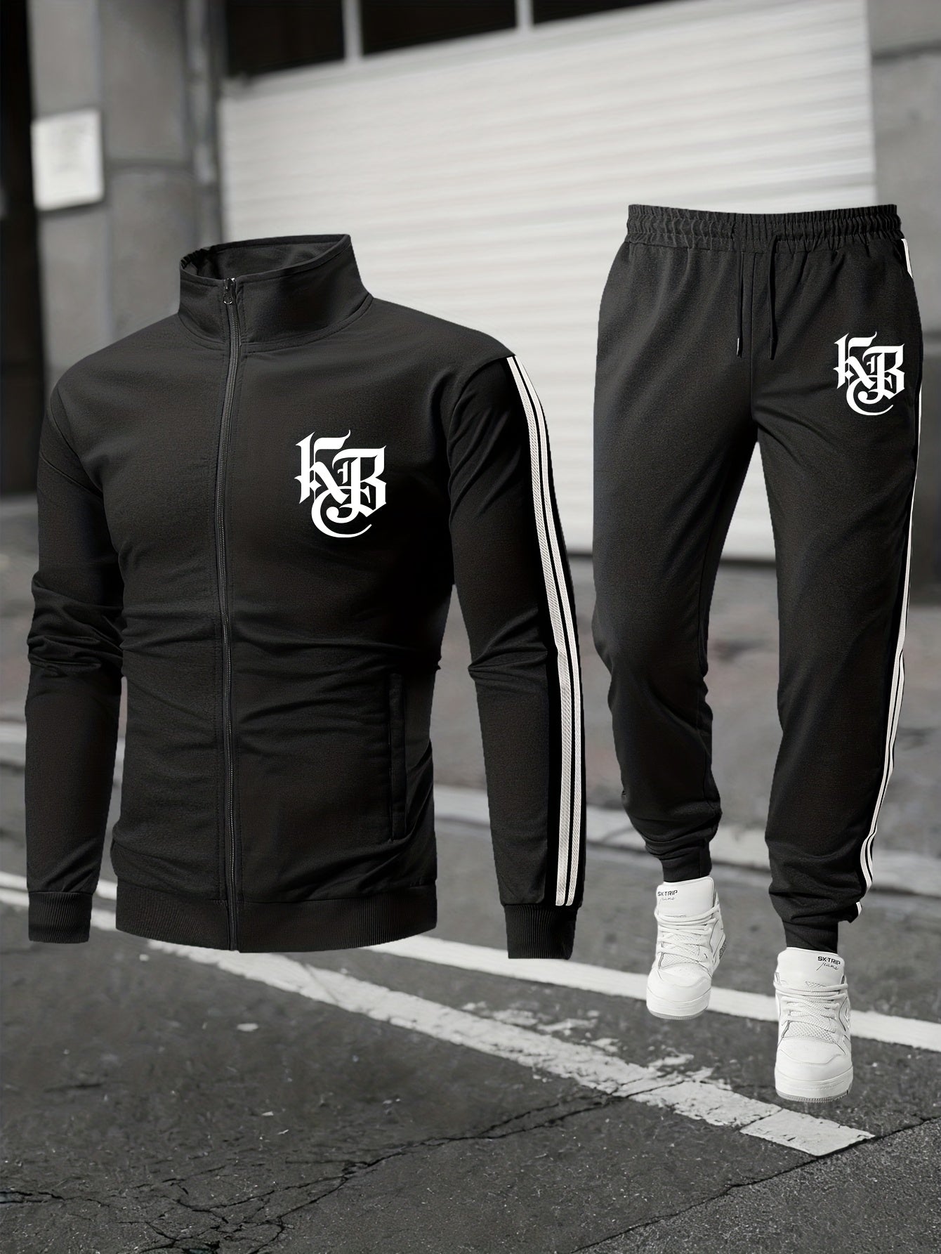 Casual Print Full-Zip Men'S Sportswear Set, Suitable for Gym Workouts And Running, Includes a Long-Sleeve Stand-Up Collar Jacket And Elastic Waist Joggers in a 2pcs Set