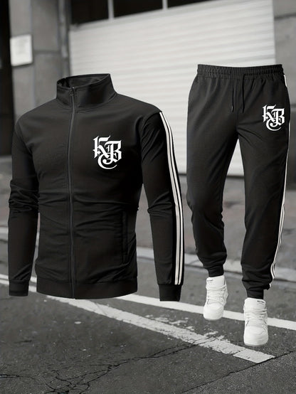 Casual Print Full-Zip Men'S Sportswear Set, Suitable for Gym Workouts And Running, Includes a Long-Sleeve Stand-Up Collar Jacket And Elastic Waist Joggers in a 2pcs Set