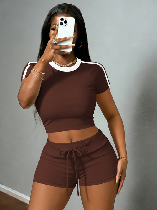 Women's Casual Crop T-Shirt & High-Waist Drawstring Shorts Set