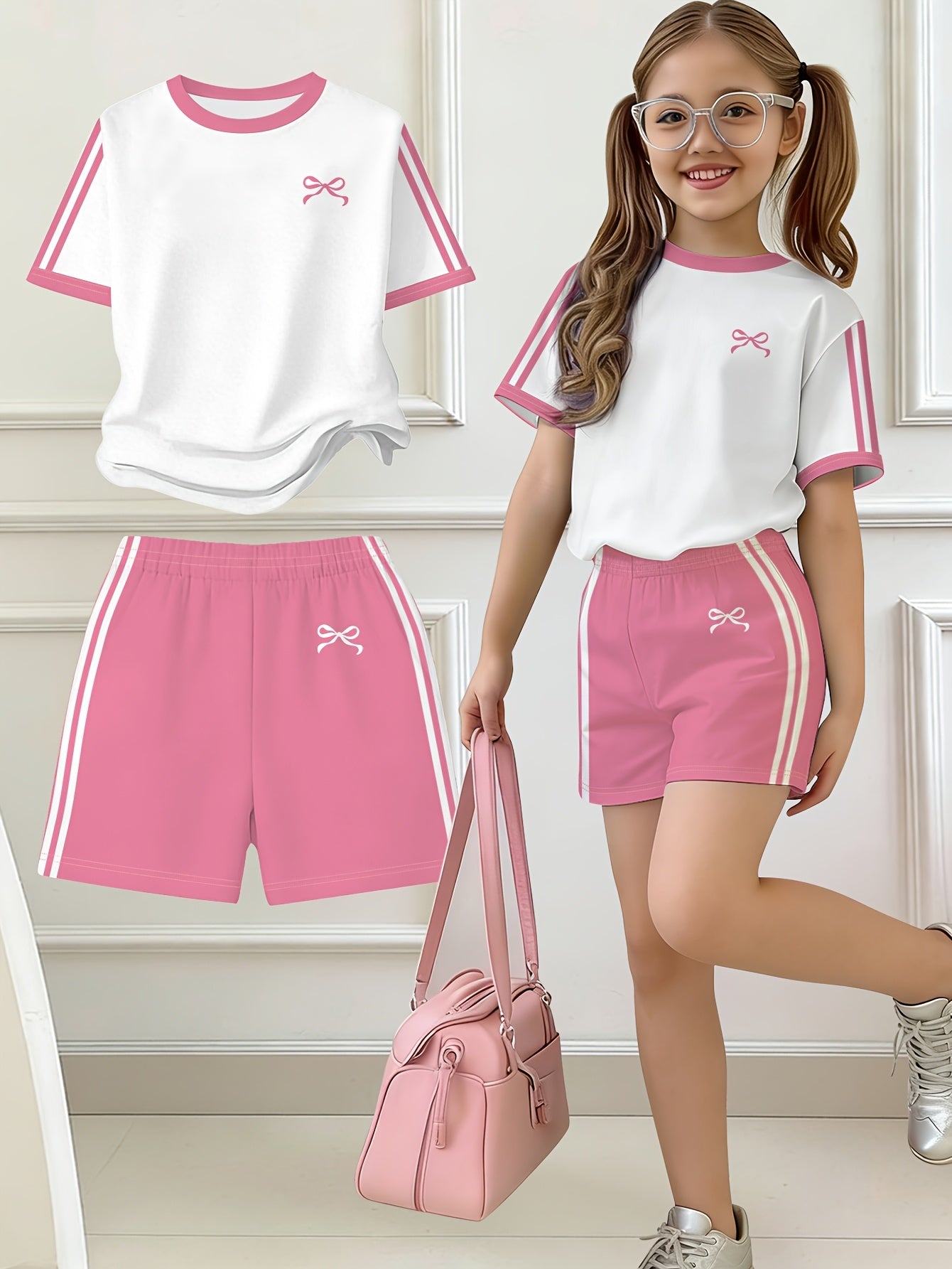 Girls' Butterfly Print Bow Short Sleeve Tee & Shorts Set