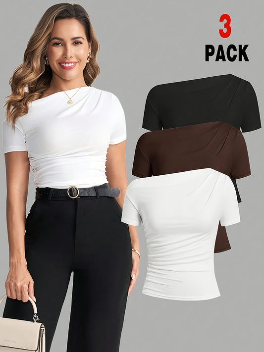 Women's Casual Asymmetrical Short Sleeve Ruffle Top 3-Pack
