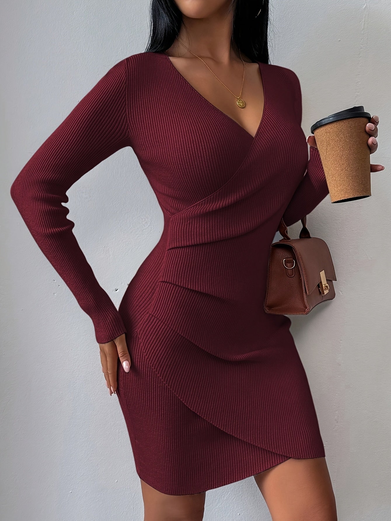 New Autumn and Winter Slim Fit V-Neck Dress Stretchy and Flattering Wrap Design, Elegant Solid Color Mini Dress for Work and Dates