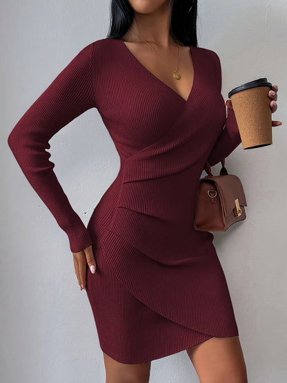 New Autumn and Winter Slim Fit V-Neck Dress Stretchy and Flattering Wrap Design, Elegant Solid Color Mini Dress for Work and Dates
