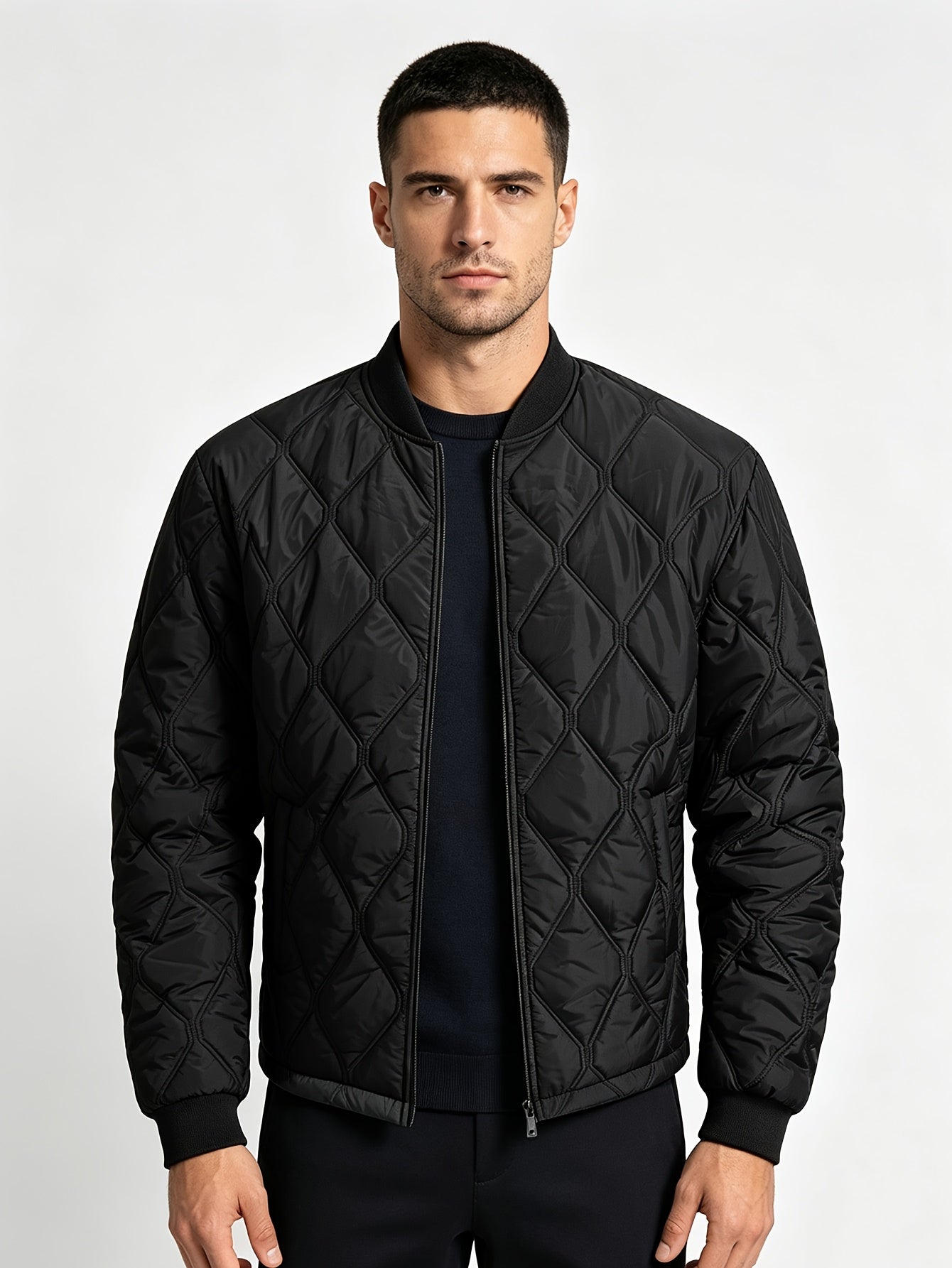 Men's Casual Black Diamond-Pattern Padded Jacket with Baseball Collar