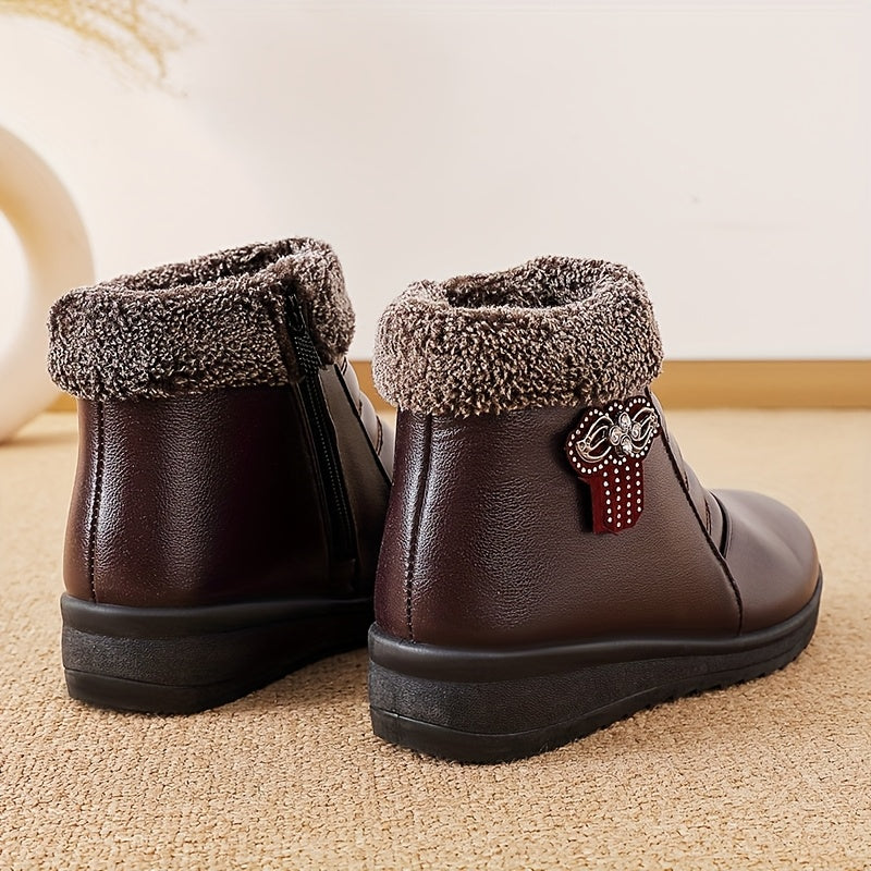 Women'S Comfortable And Warm Shoes for Autumn And Winter, Short Boots with Fleece Lining, Snow Boots, Leather Shoes, Glossy Black Platform Boot, Elegant Rain Boot For Woman, Warm And Comfortable Bootie For Working, Low Ankle