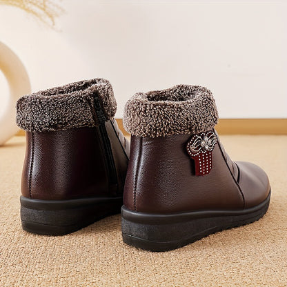 Women'S Comfortable And Warm Shoes for Autumn And Winter, Short Boots with Fleece Lining, Snow Boots, Leather Shoes, Glossy Black Platform Boot, Elegant Rain Boot For Woman, Warm And Comfortable Bootie For Working, Low Ankle