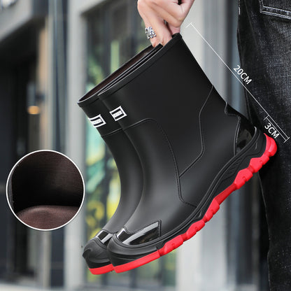 Unisex Mid-Calf Rubber Rain Boots with Drawstring Closure