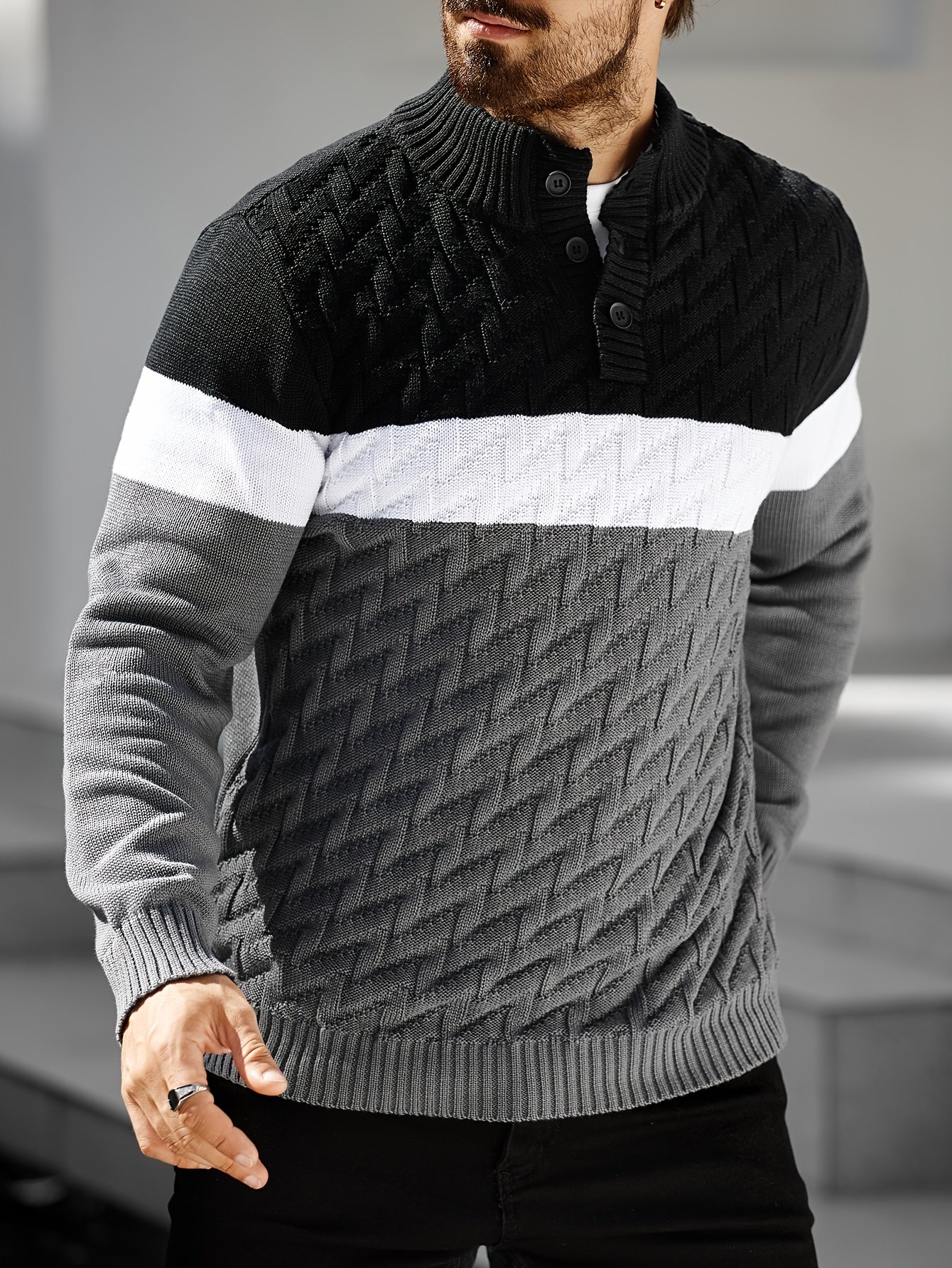 Men'S Stand Collar Pullover | Casual Fashion Quarter Button Stitching Knitwear with Geometric Pattern, Long Sleeve, Regular Fit for Fall/Winter - ayq