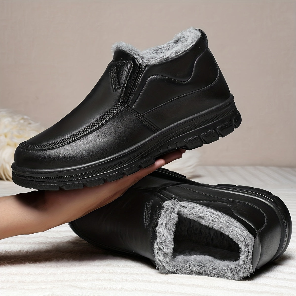 Men'S Slip-On Winter Snow Boots with Fleece & Arch Support - All-Season Cold Weather Hiking Shoes, Slip-Resistant Rubber Sole, Round Toe Design For Casual & Outdoor Wear, Hiking Boots