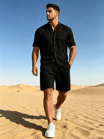 Men's Linen Short Sleeve Shirt & Solid Shorts Set for Summer