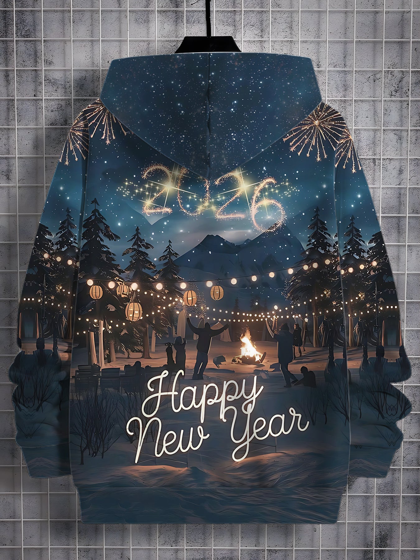 Men'S 2026 New Year'S Eve Bonfire Fireworks Hooded Sweatshirt - 100% Polyester, Sporty & Functional Style with Happy New Year Print, Casual Pullover for Fitness & Outdoor, New Year Sweatshirt, Outdoor Clothing, Sporty Design,