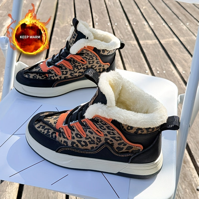 Women'S Stylish Leopard Print Winter Sneakers - Warm Fleece-Lined Casual Shoes with Thick Cushioned PVC Sole, Black & Orange Design, Perfect for Fall/Winter, Winter Sneakers | Leopard Print Shoes | Durable PVC Sole