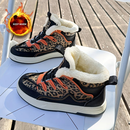 Women'S Stylish Leopard Print Winter Sneakers - Warm Fleece-Lined Casual Shoes with Thick Cushioned PVC Sole, Black & Orange Design, Perfect for Fall/Winter, Winter Sneakers | Leopard Print Shoes | Durable PVC Sole
