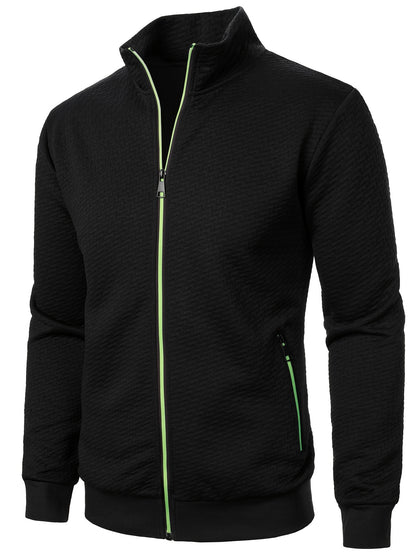 Men's Casual Zip Up Jacquard Jacket, Chic Stand Collar Coat for Spring Fall, Autumn And Winter, Hoodie Top
