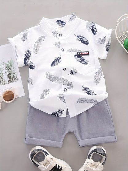 Baby Boys Cotton Feather Print Short Sleeve Shirt & Shorts Set