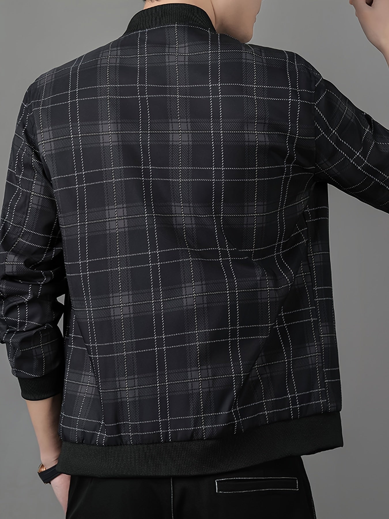 Men's Lightweight Baseball Jacket - Navy Blue & Black Plaid Zip-Up Coat, Non-Stretch Fabric for Formal & Casual Outfits - Spring/Fall Outerwear Jacket, Outdoor Wear, Classic Collar, Quality Stitching, Stylish Coat, Fashioncon