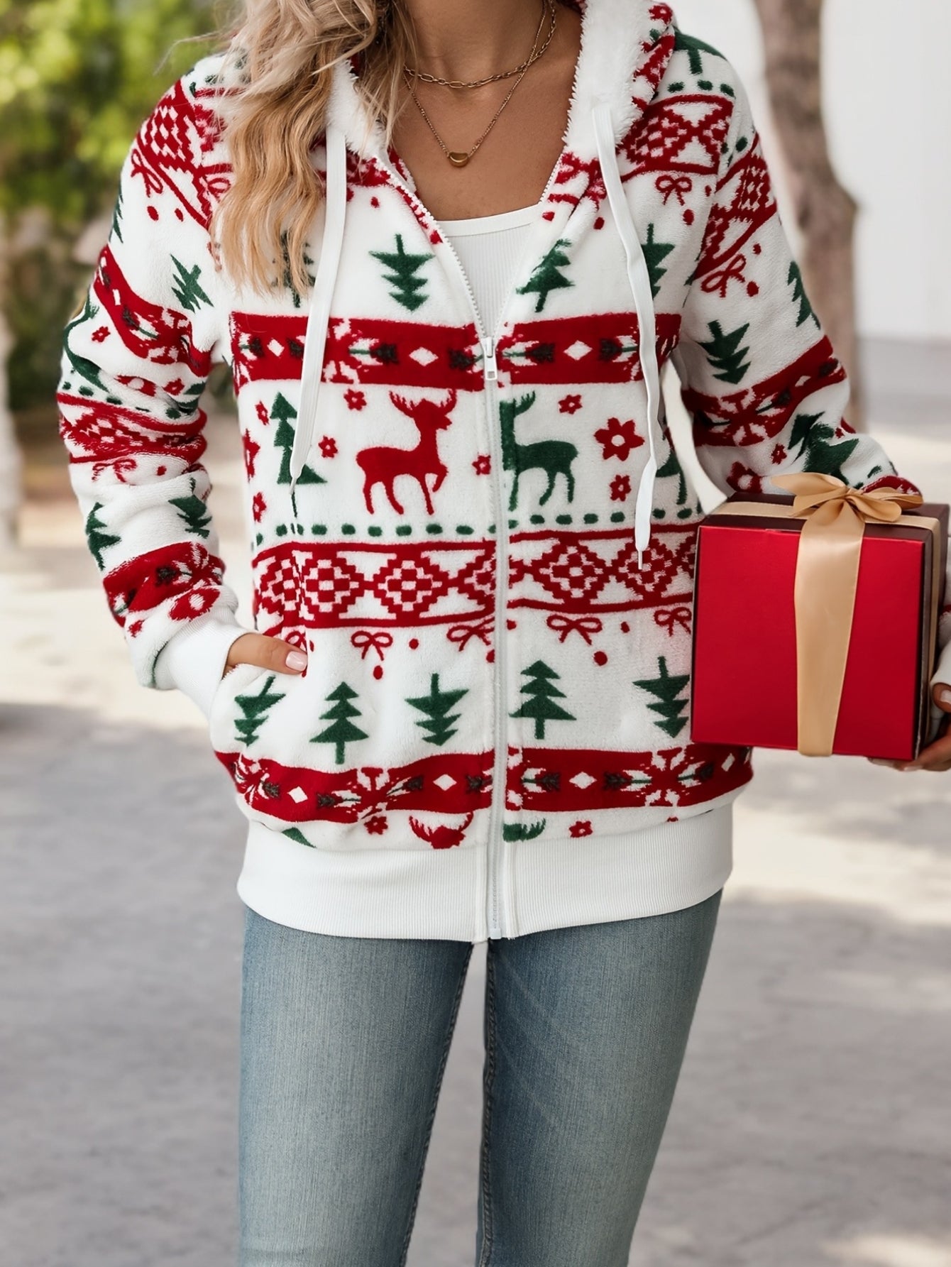 Cozy Christmas Print Plush Hooded Jacket with Wattles (Adjustable Drawstring Hood) - Winter Coat for Holiday Party Outerwear, Casual Blouse, Machine Washable Swe Coat