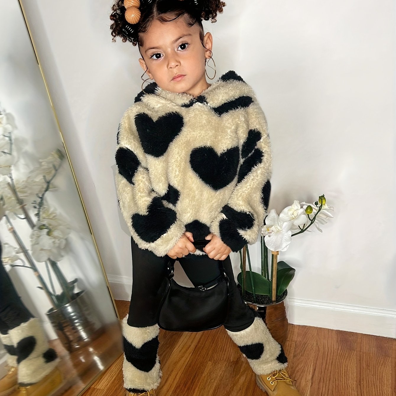 1- Girls' Fashion Casual Heart Print Plush Hoodie and Patchwork Knit Pants Set, Suitable for Autumn and Winter, School, Leisure, Outdoor Sports, Perfect for Outdoor