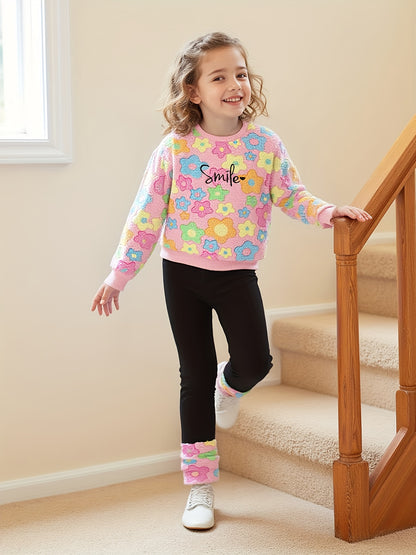 Girls' Autumn and Winter Fashion Warm Set with "Smile" Embroidery, Colorful Floral Appliqué Fleece Jacket and Flared Pants Outfit, Perfect for Outdoor